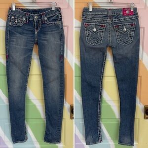 Vintage Rare True Religion Low Rise Denim Pink Stitch & Patch Y2K Jeans Sz 25 🧡🎀